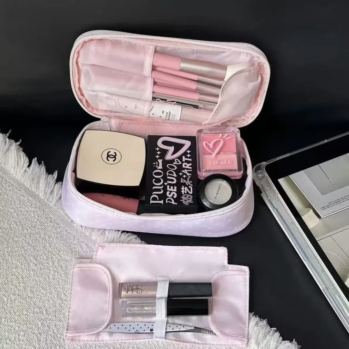 trousse de maquillage grande capacité à pois pour femme, sac de rangement cosmétique portable de voyage, trousse de toilette multifonctionnelle rose style ins