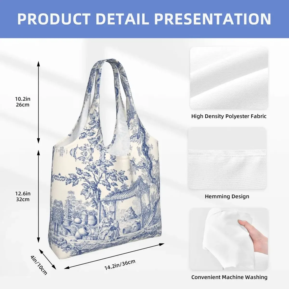 toile de jouy française classique vintage personnalisée, fourre-tout à motif bleu marine, fourre-tout de shopping en toile réutilisable, sac à bandoulière
