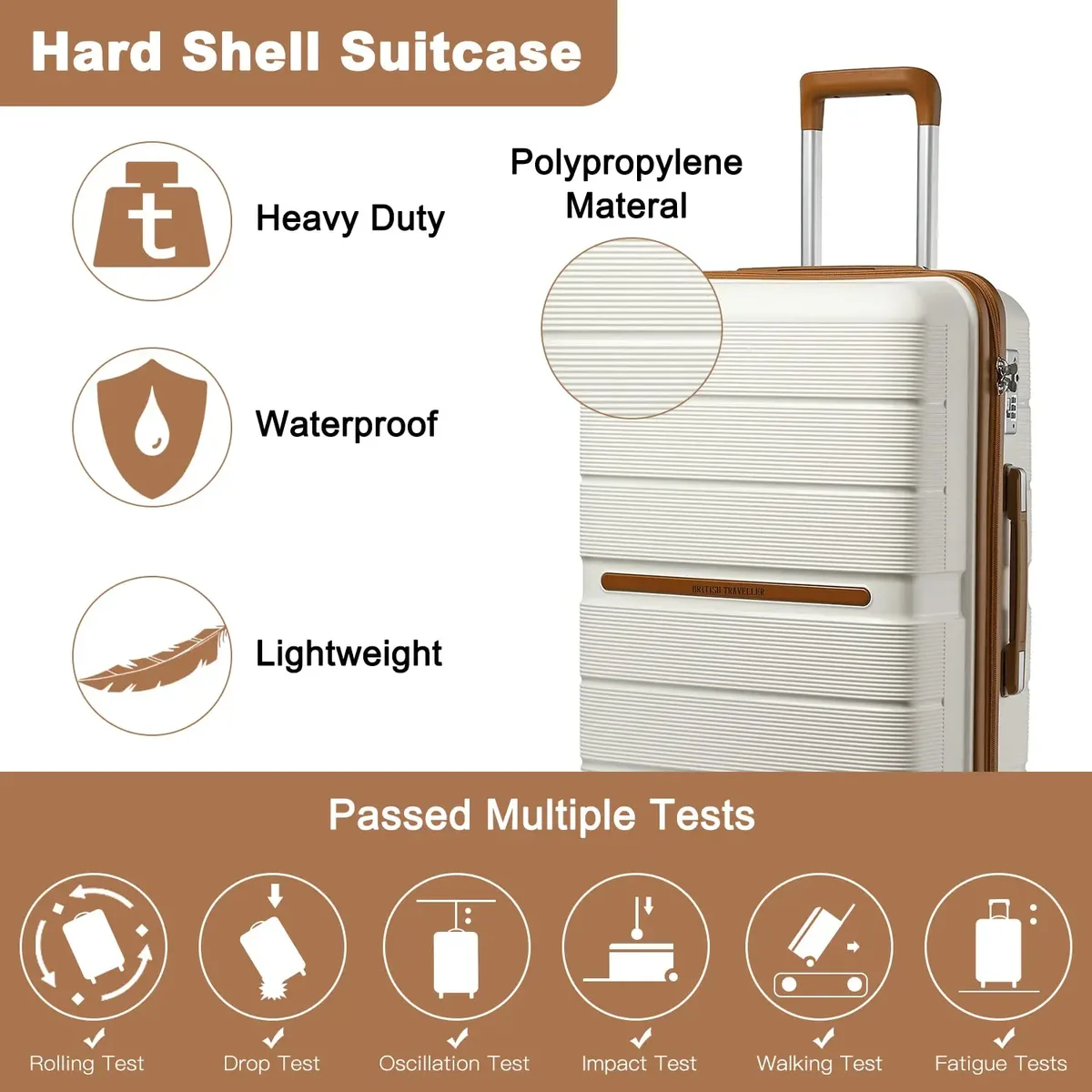 valise rigide de voyage britannique, bagage à main, matériau 100% pp, 8 roues tournantes, serrure tsa, beige, chariot