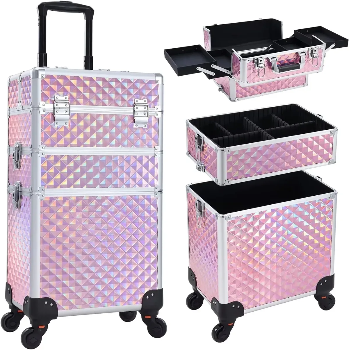 trousse de maquillage roulante 3 en 1, trousse de maquillage amovible, étui de cosmétologie sur roulettes, chariot de maquillage verrouillable de grande capacité pour salon