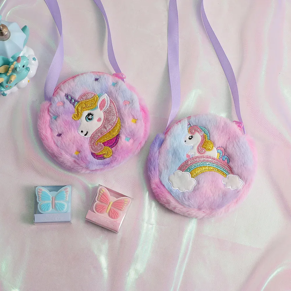 sac à bandoulière licorne de dessin animé pour enfants, 2 pièces, joli sac à bandoulière en peluche pour filles, petit sac à dos adapté aux cadeaux de vacances scolaires