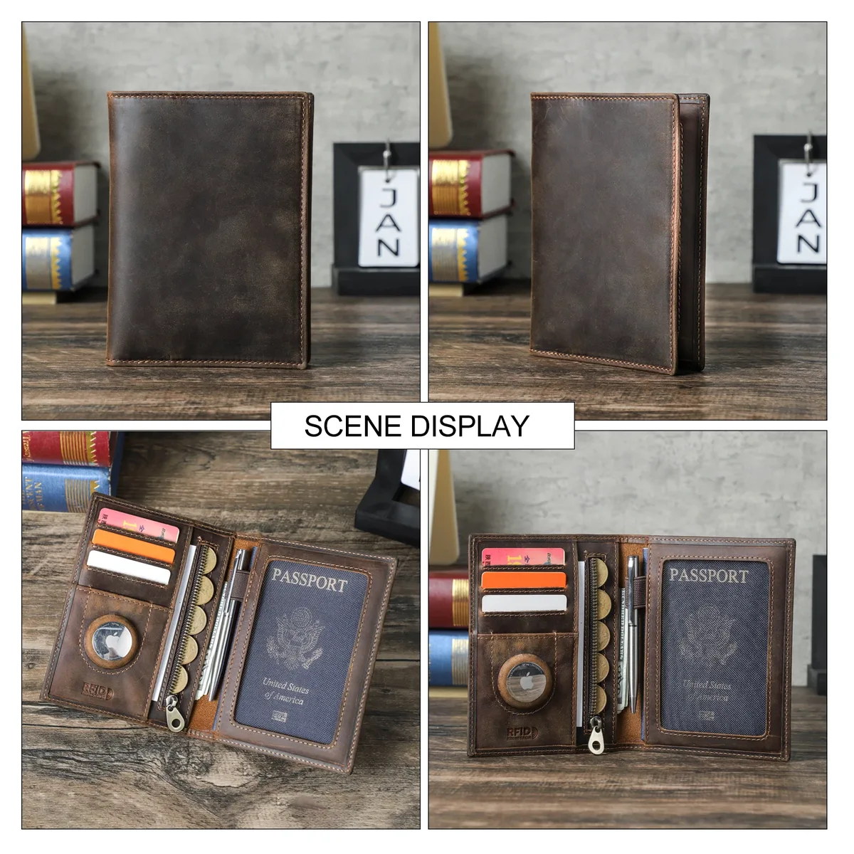 porte-passeport en cuir de vache véritable, portefeuille de voyage avec étui airtag, porte-stylo de poche anti-perte, couverture de passeport bloquant rfid