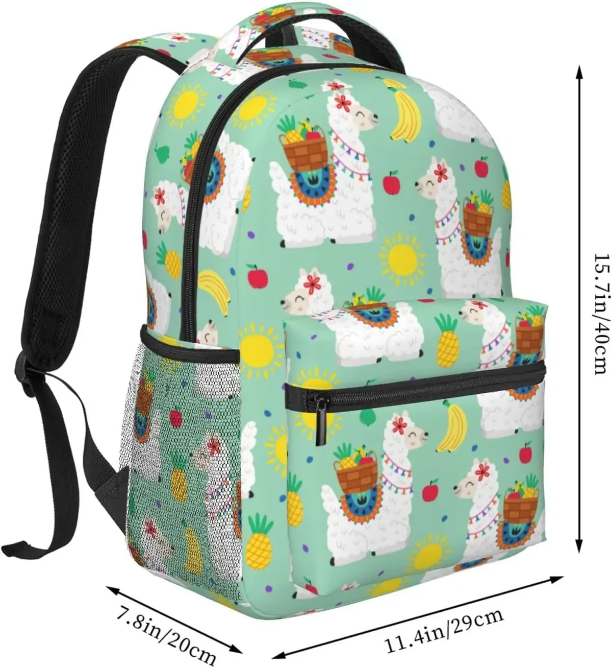 sac dos polyester noir motif lamas fruits vert pastel format rectangulaire sangle chaîne fermeture éclair poche intérieure zippée usage voyage école université