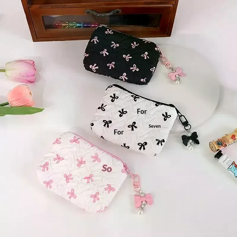 trousse de maquillage en tissu avec nœud mignon, pochette cosmétique pour femme, organiseur de voyage portable pour rouge à lèvres et écouteurs, petite pochette de rangement
