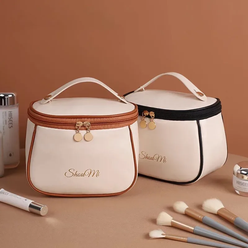 sac de rangement cosmétique portable en pu, grande capacité, pour voyage, étanche, avec poignée, pour maquillage et produits de soin