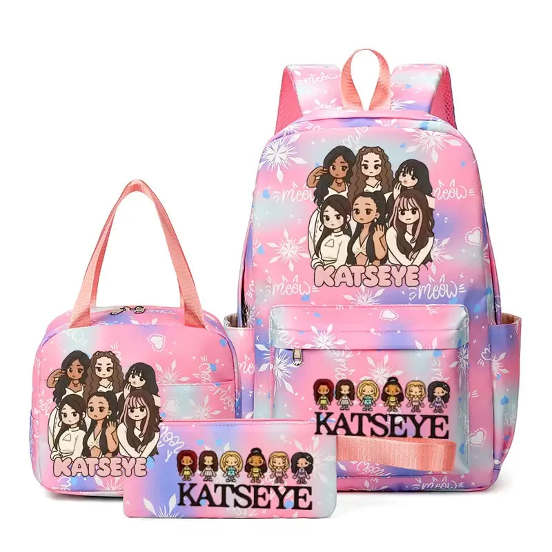 sacs à dos katseye à imprimé amusant, ensemble de 3 pièces, sacs d'école en nylon pour ordinateur portable pour femmes, pour adolescentes, garçons, étudiants, enfants, kawaii
