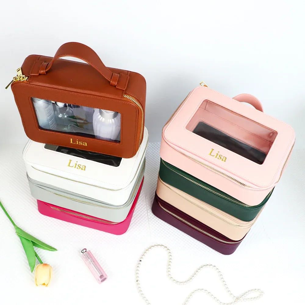 pochette à maquillage personnalisée en cuir, sac de rangement pour pinceaux de maquillage imperméable, sac de rangement portable en pvc pour soins de la peau, trousse de toilette
