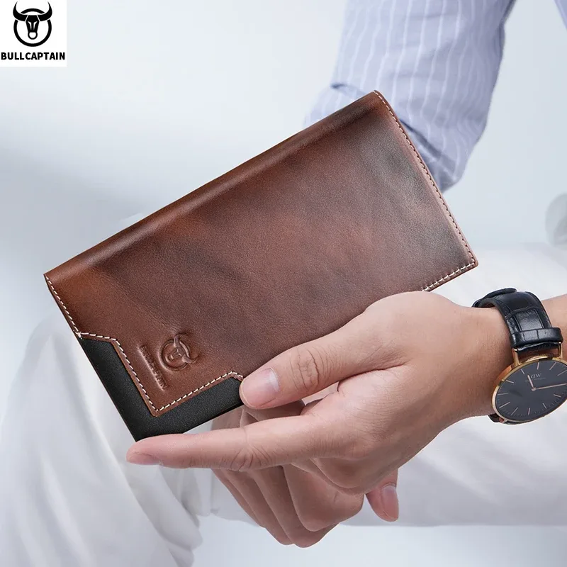 bullcaptain – sac à main long en cuir véritable pour hommes, fonction rfid, porte-carte de crédit, porte-monnaie en cuir, portefeuille multifonctionnel