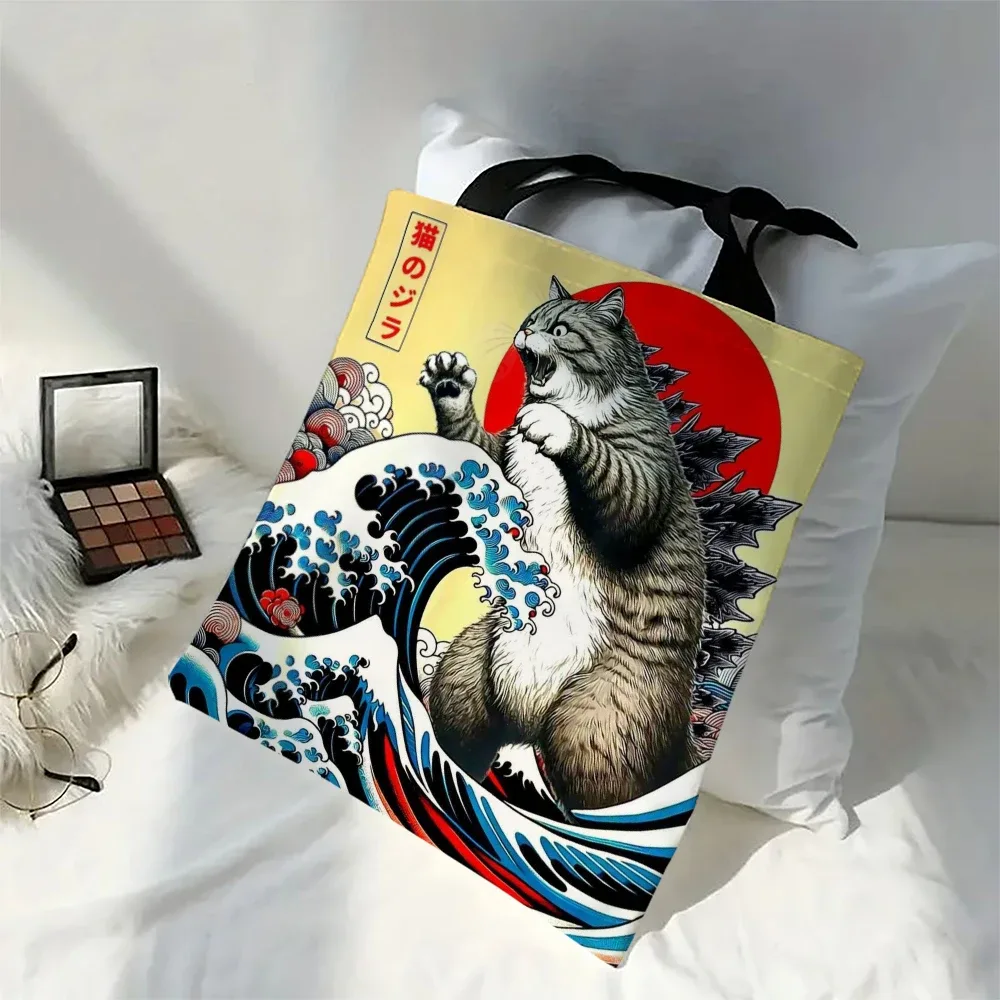 catzilla sac fourre-tout d'art japonais sac de plage de shopping à bandoulière réutilisable pour les femmes, sac de transport décontracté durable