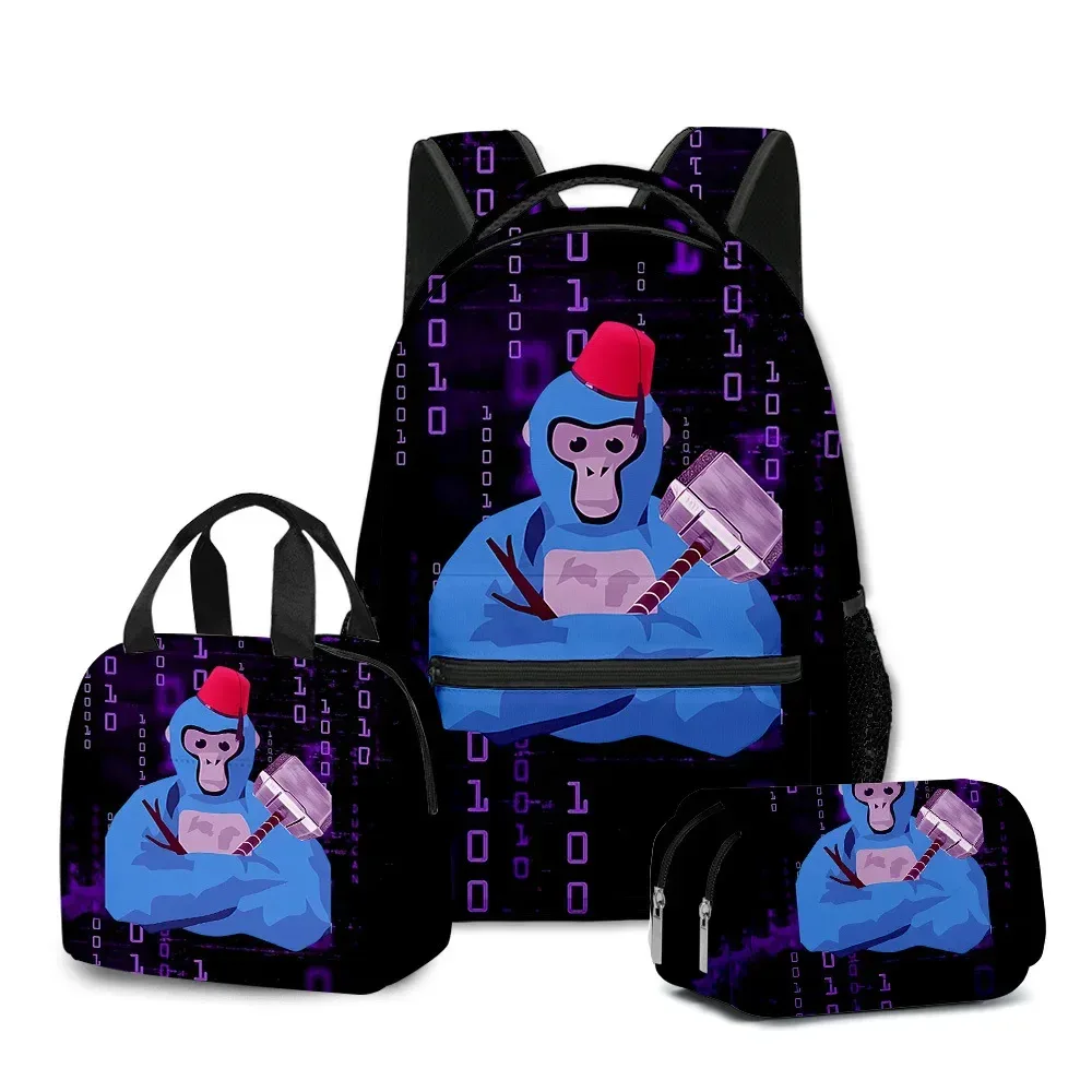 sac à dos d'école pour étudiants, sac à dos portable pour ordinateur portable, sac à déjeuner portable, trousse à crayons, imprimé 3d, motif gorilla classique, populaire et amusant, 3 pièces/ensemble