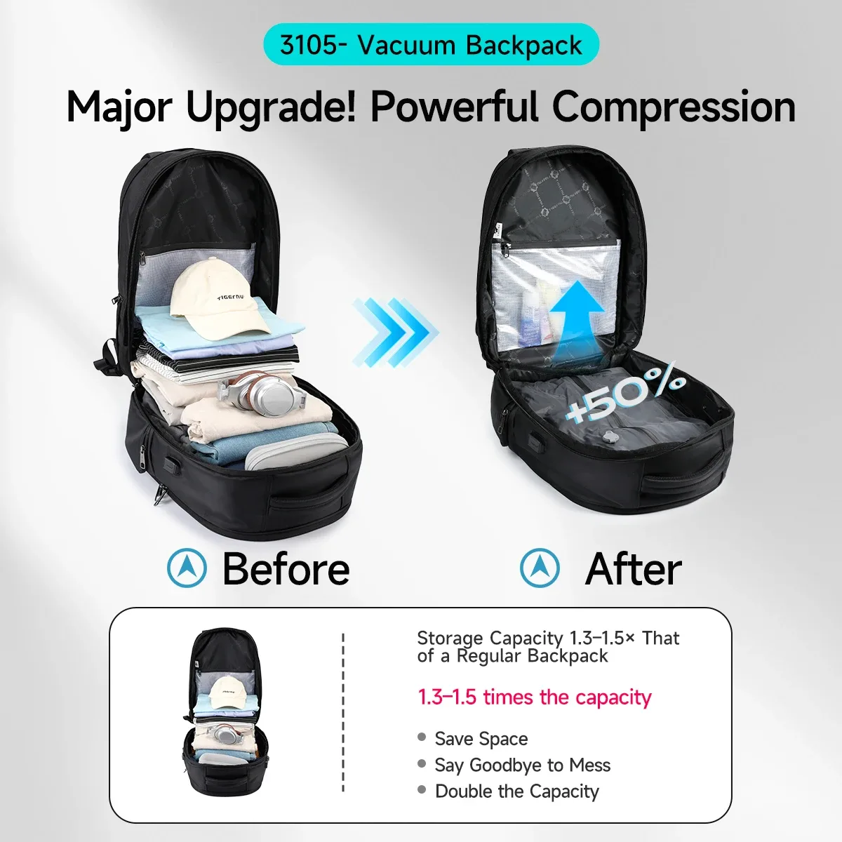 tigernu sacs à dos de compression sous vide 15.6 17 pouces sac à dos pour ordinateur portable hommes sac à dos sous vide automatique sans pompe sac à dos de voyage sacs tsa