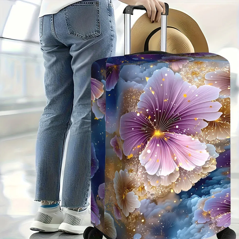 housse valise polyester motif floral violet bleu nuit fleur dorée protection voyage taille moyenne