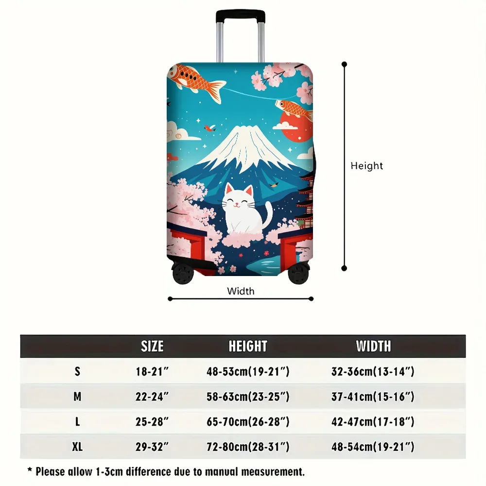 housse valise polyester motif chat blanc souriant poissons rouges fleurs cerisier mont fuji bleu protection voyage roulettes poignée noire