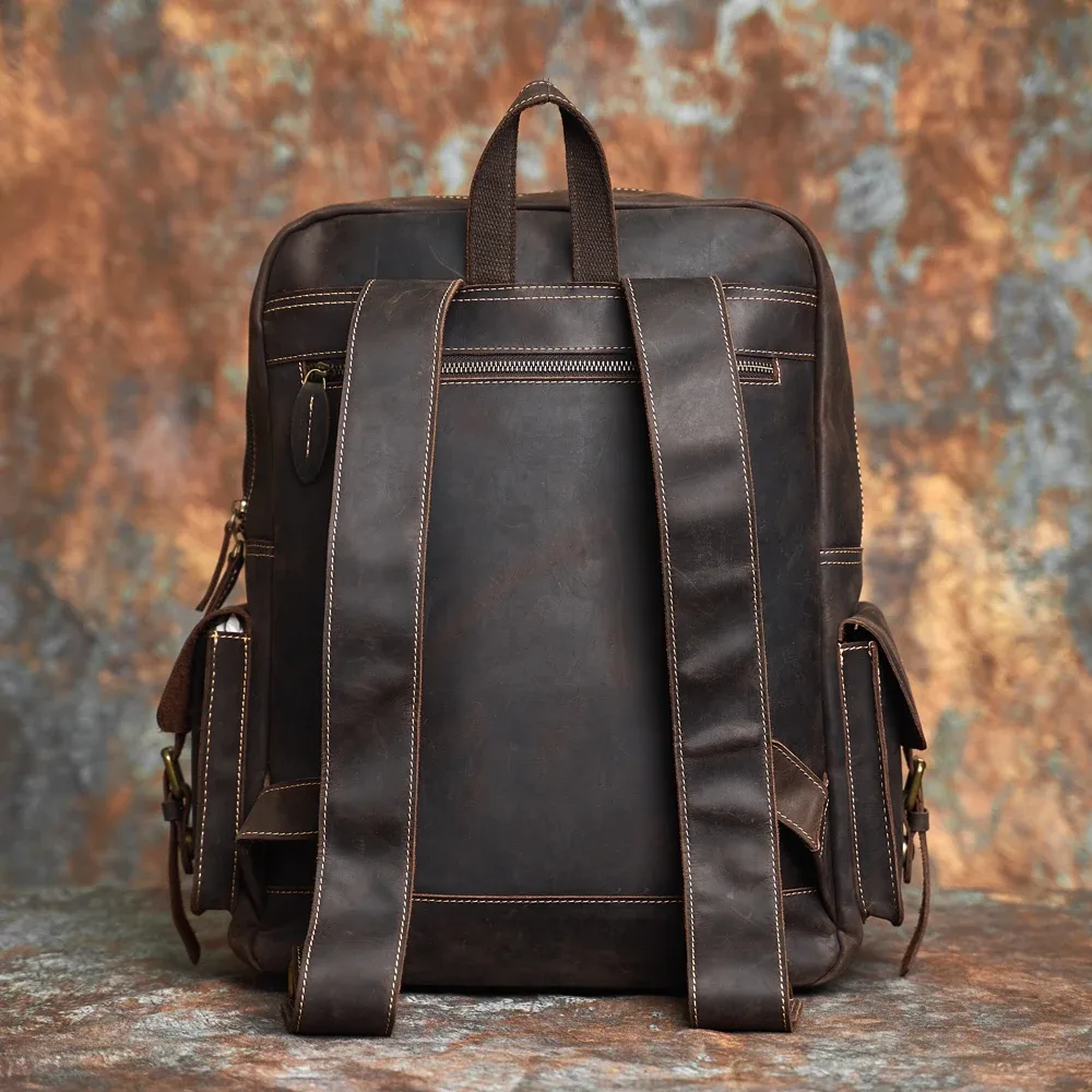 nasva – sac à dos vintage en cuir véritable pour hommes, sac de voyage en plein air pour ordinateur portable, sac d'école de randonnée pour ordinateur portable 15.6 pouces
