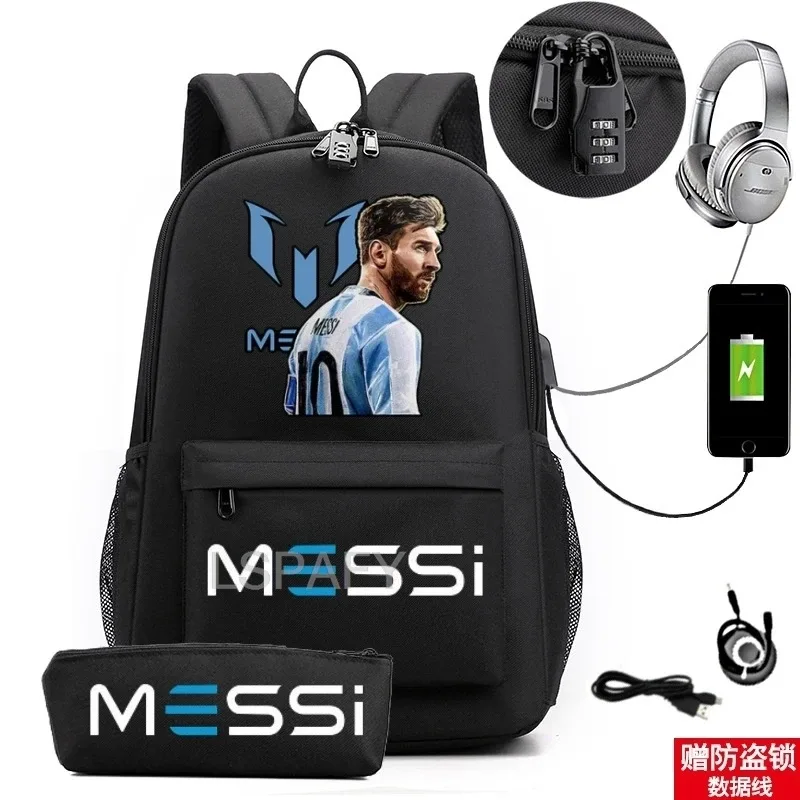 sac à dos messi tendance (lot de 2) – anti-vol, unisexe, simple, pour ordinateur portable, avec port usb, grande capacité, idéal pour les voyages, l'école, les garçons et les filles