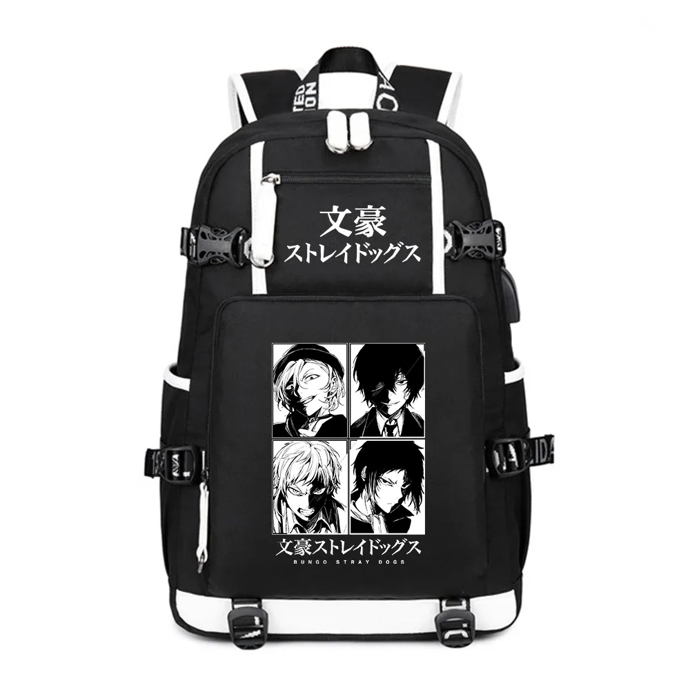 sac à dos de voyage bungo stray dogs oxford pour hommes, grands sacs d'école, cartable anime, chargement usb, sac à dos pour ordinateur portable, sacs initiés noirs