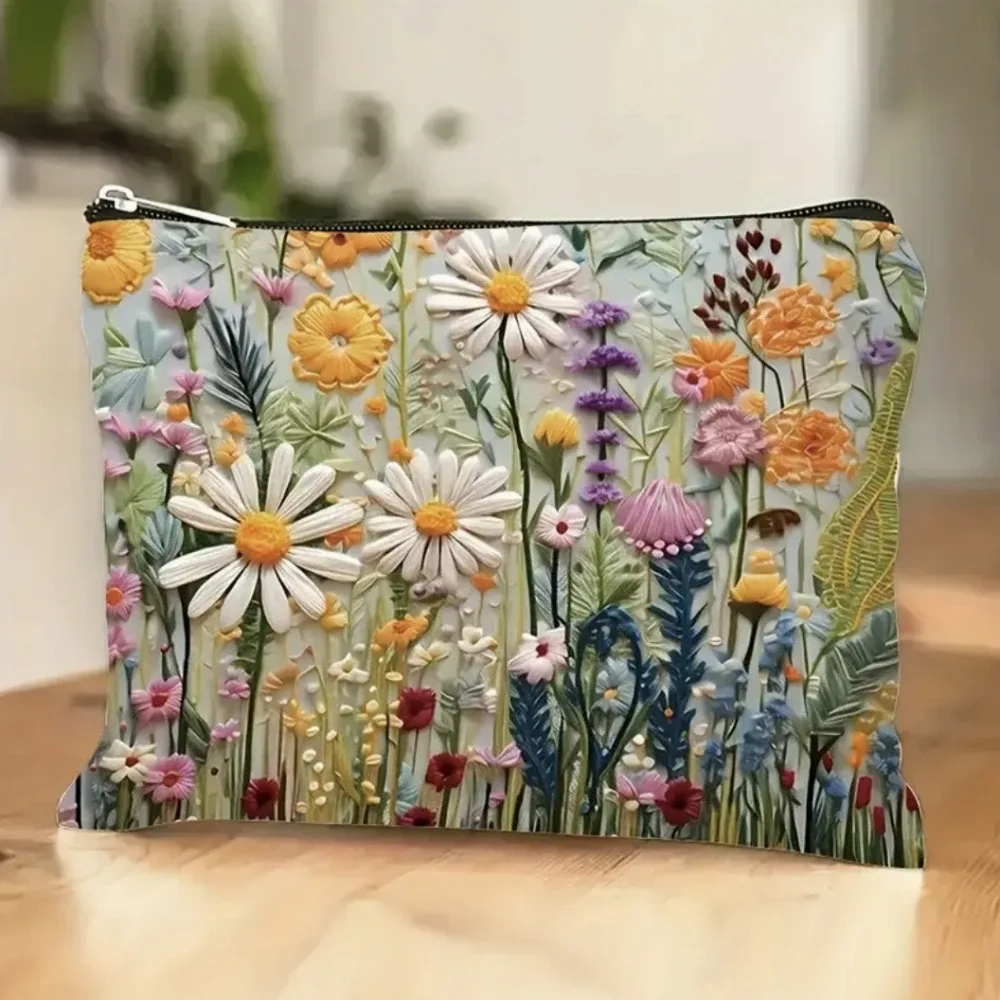 pochette de maquillage imprimée florale double face de grande capacité, organisateur de voyage, sac à main en lin pour femmes, sac de rangement de cosmétiques pour cadeau