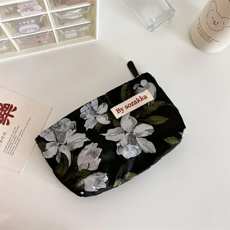trousse de maquillage coréenne florale pour femmes, trousse à cosmétiques, trousse de maquillage de voyage, trousse de beauté en toile, trousse à crayons