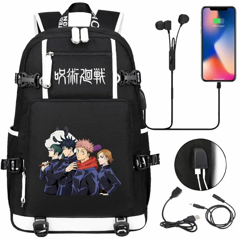 jujutsu kaimmer-sacs à dos college pour hommes et femmes, cartable anime pour adolescents, port de charge usb décontracté, sacs d'extérieur pour ordinateur portable, noir, mochila