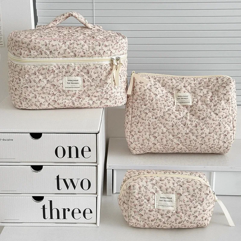 grande trousse de toilette florale en velours côtelé grande capacité, sac de maquillage portable de voyage, organisateur de toilette pour filles, sac de rangement
