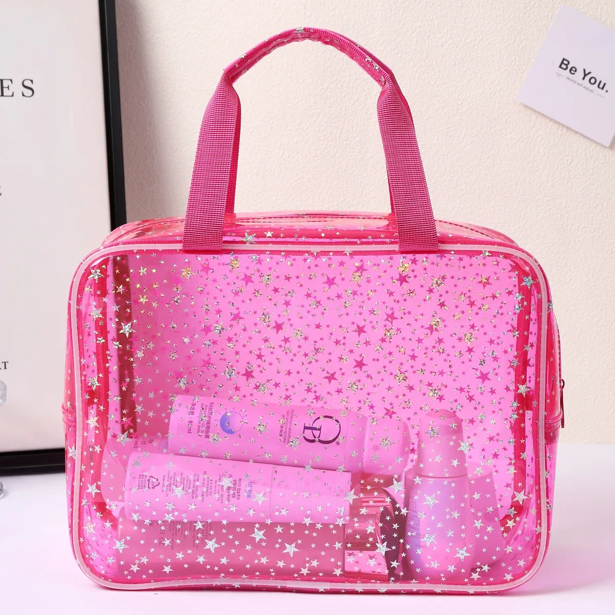 trousse de maquillage transparente grandes étoiles, avec sangle portable, trousse de toilette étanche en pvc, sac organisé pour cosmétiques, sac de voyage transparent