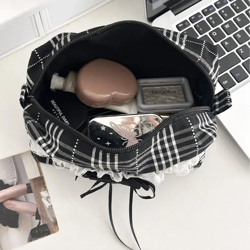 sac de maquillage à carreaux noir et blanc, doux et décontracté, pour écolière, dentelle, style coréen ins, grand étui à cosmétiques, organisateur de voyage mignon