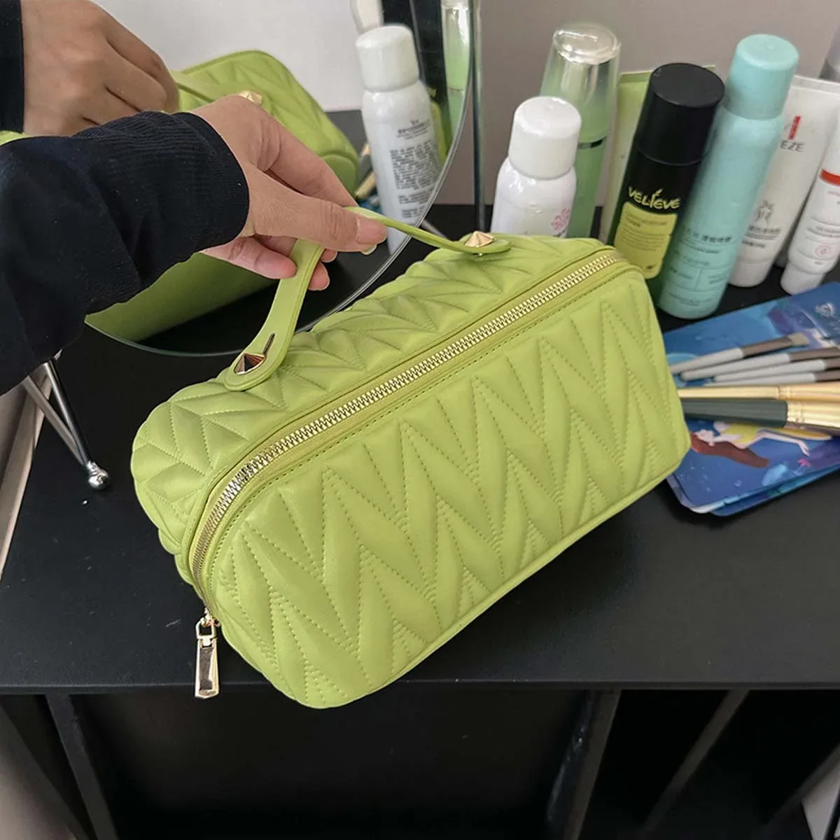 trousse de maquillage en pu de qualité supérieure, grand niveau d'apparence, trousse de toilette de voyage à la mode, nouveau sac de rangement de cosmétiques de couleur unie