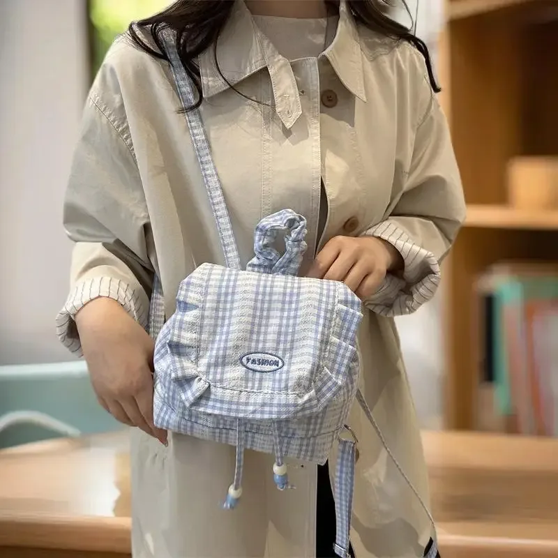 sac à nœud de grande capacité, sac à dos fonctionnel en toile à carreaux en dentelle de style coréen pour les voyages et les livres