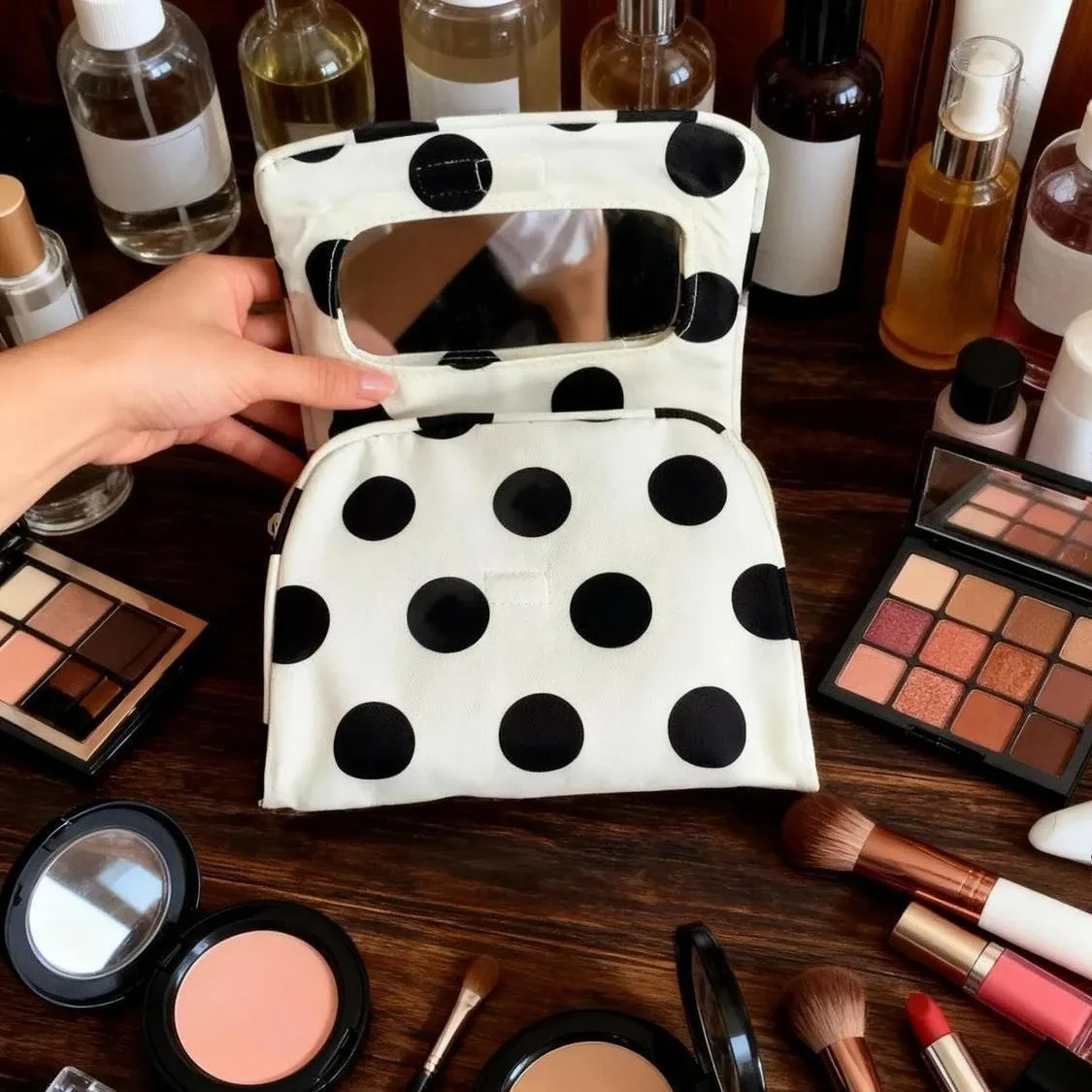 Grande trousse de maquillage à pois avec miroir, portable, pliable, à fermeture éclair, organisateur de rangement de beauté pour femmes en voyage.