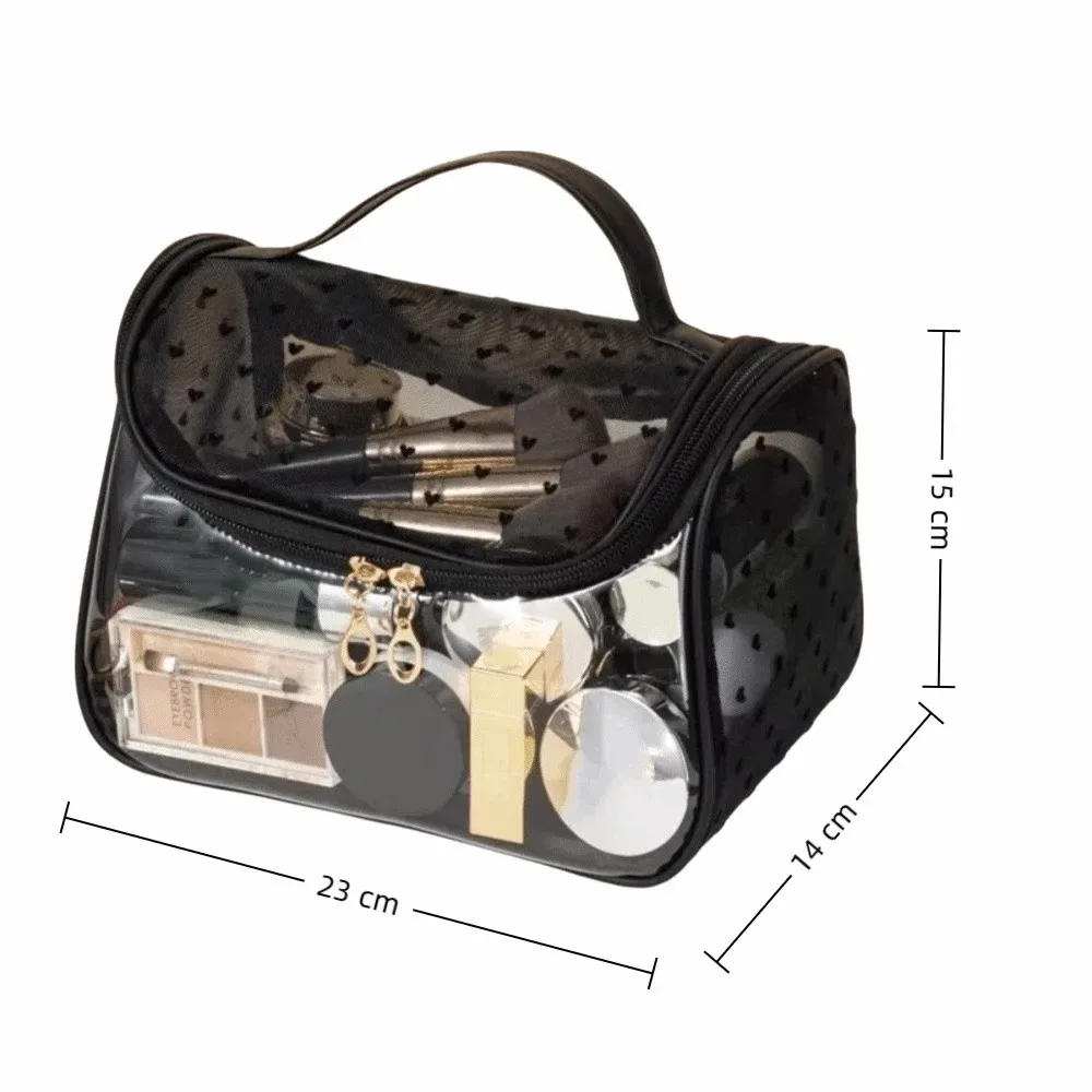 sac de maquillage portable grande capacité en maille, motif cœur, avec fermeture éclair, organiseur de toilette, sac de rangement transparent pour extérieur