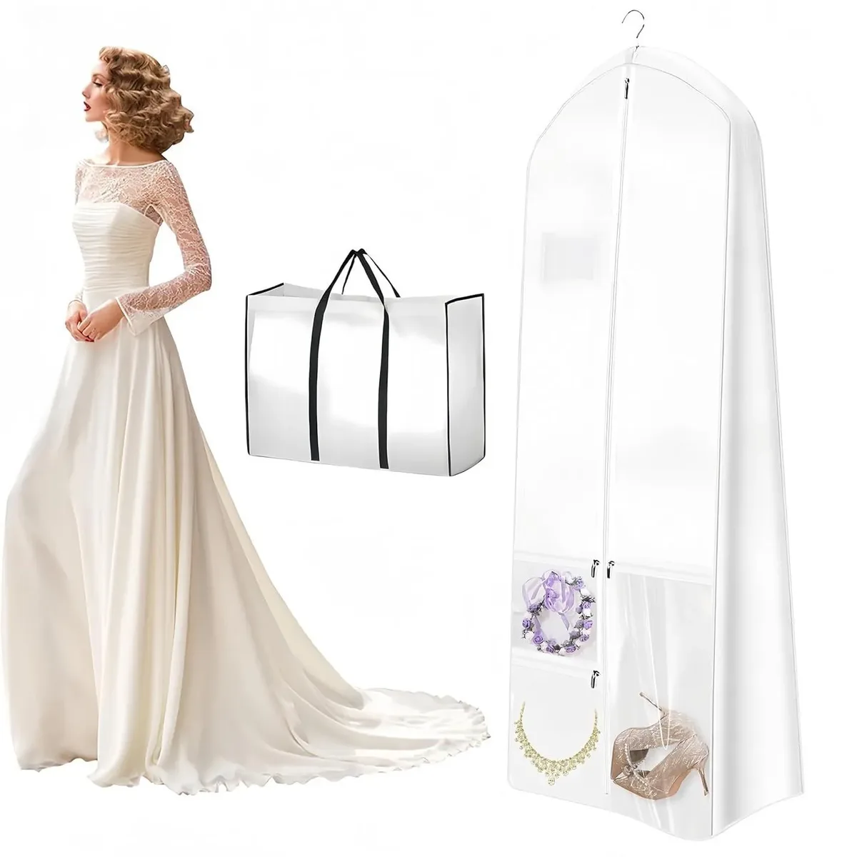 sac de rangement vertical haut de gamme pour robe de mariée en tissu non tissé épais, anti-poussière et anti-humidité, avec poignée