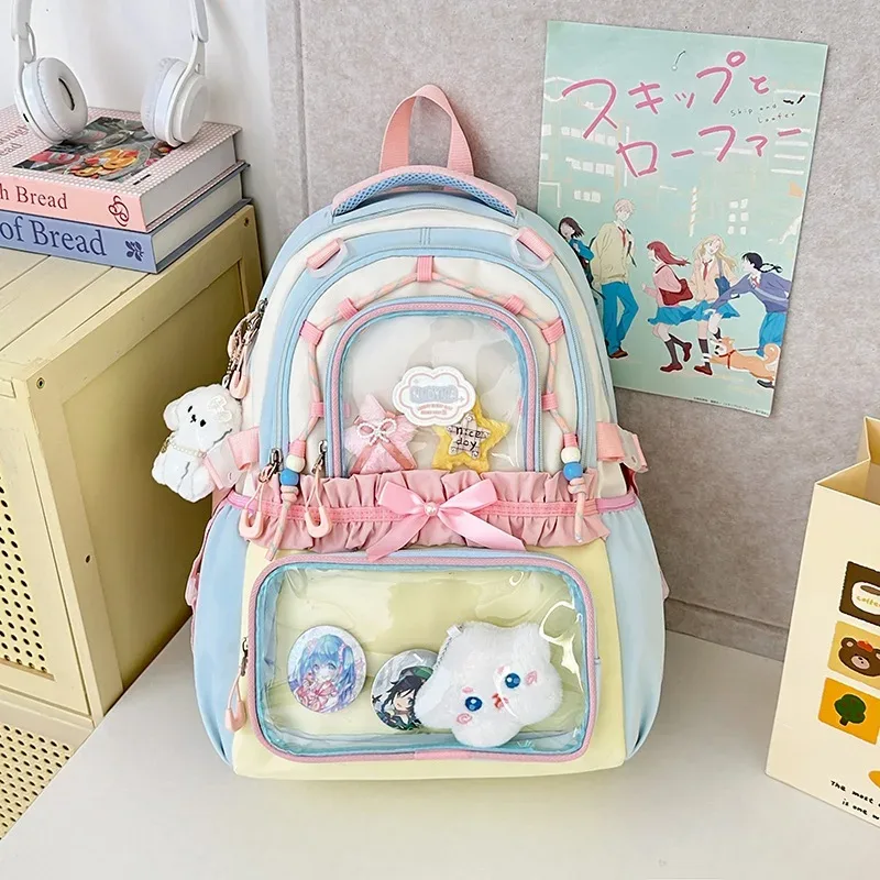 sac à dos coréen à nœud papillon, grande capacité, esthétique soignée, couleur transparente contrastante, pour l'école