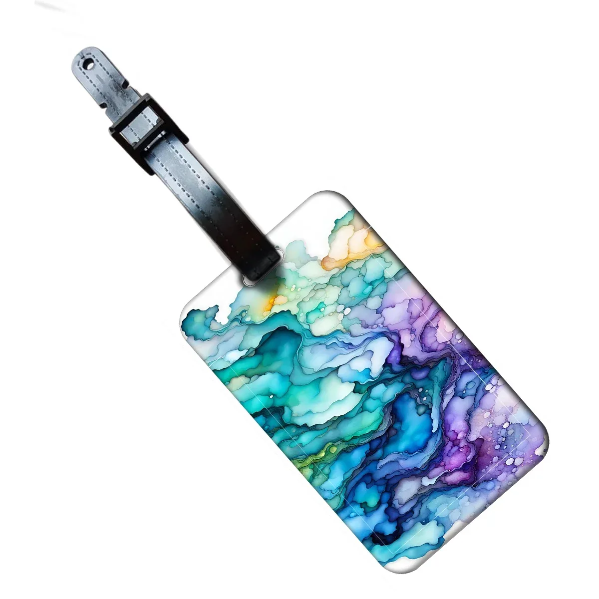 étiquette bagage pvc imprimés animaux couleurs vives bleu vert violet or bande noire fixation voyage famille enfants adolescents