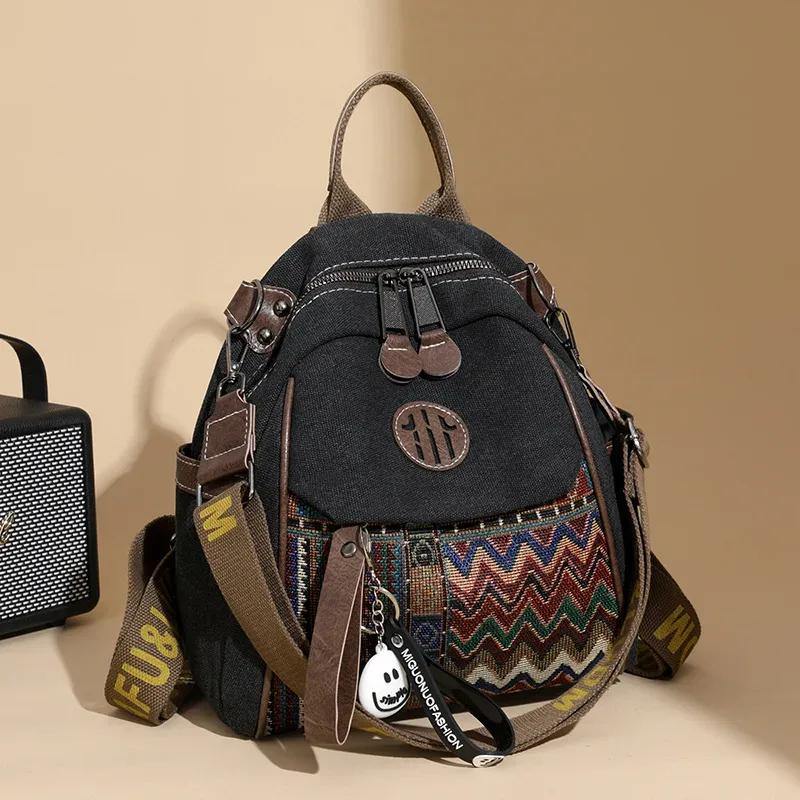 sac à dos en denim pour femmes, grande capacité, broderie vintage, sac à bandoulière multifonctionnel, 1 pièce