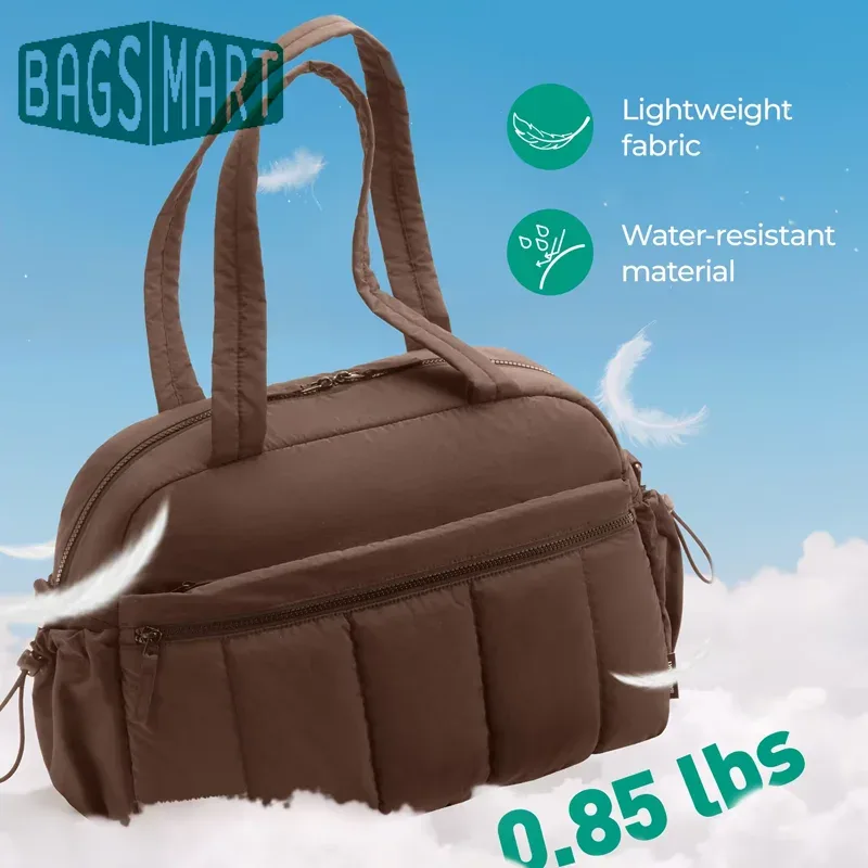 Sac Voyage Polyester Plissé Beige Rose Pâle Noir Gris Taupe Bandoulière Amovible Poignée Supérieure Week End Sport
