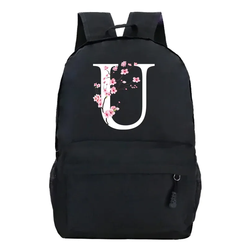 sacs à dos d'école pour jeunes sakura fleur a-z alphabet grande capacité toile harajuku mode fermeture éclair esthétique épaules sacs noirs