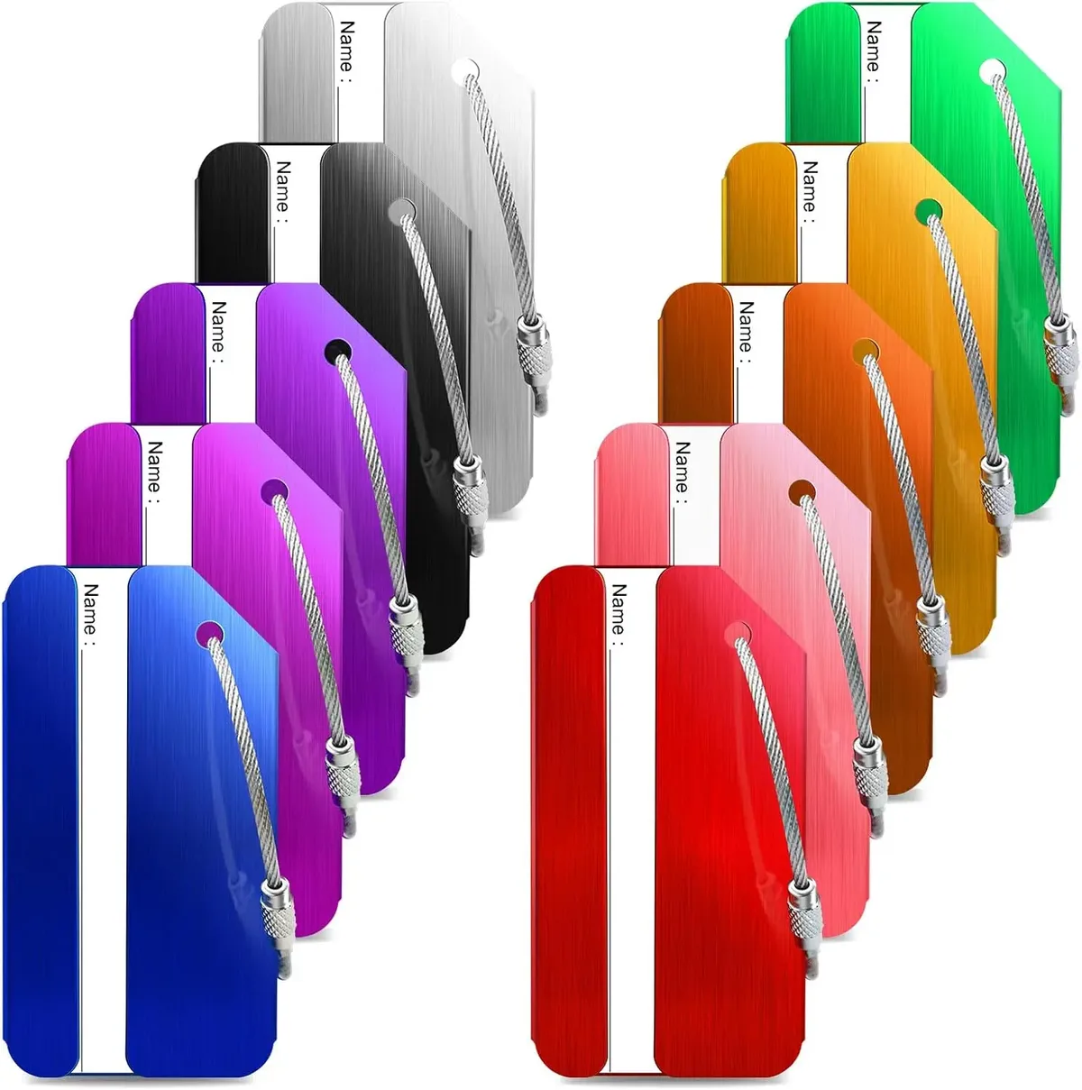 lot de 10 étiquettes de bagage en aluminium pour valise, étiquette de bagage en métal, identificateur de bagage avec carte d'identité et boucle en acier, accessoires de voyage