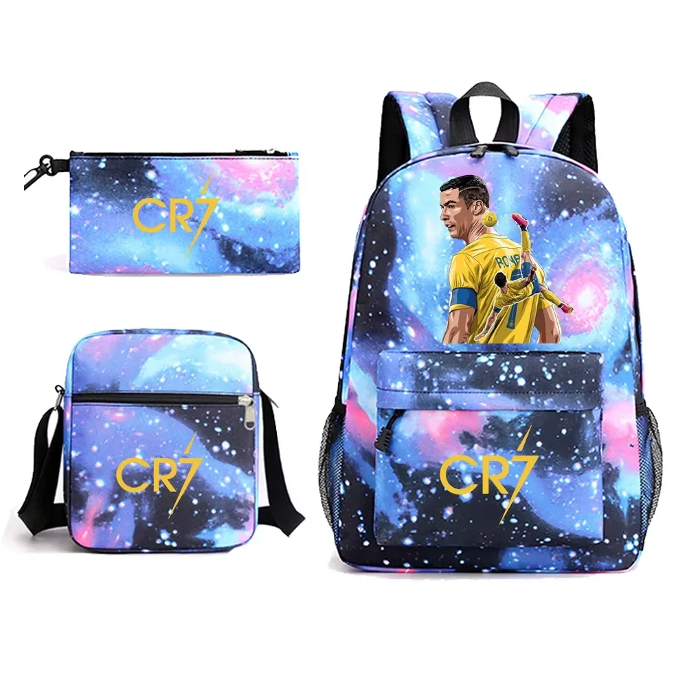 sac à dos ronaldo cr7 pour garçons et hommes, sac à bandoulière pour l'école, 3 pièces, trousse à crayons pour les fans, cadeau pour adolescents, garçons et filles, sac à dos de jour pour l'extérieur