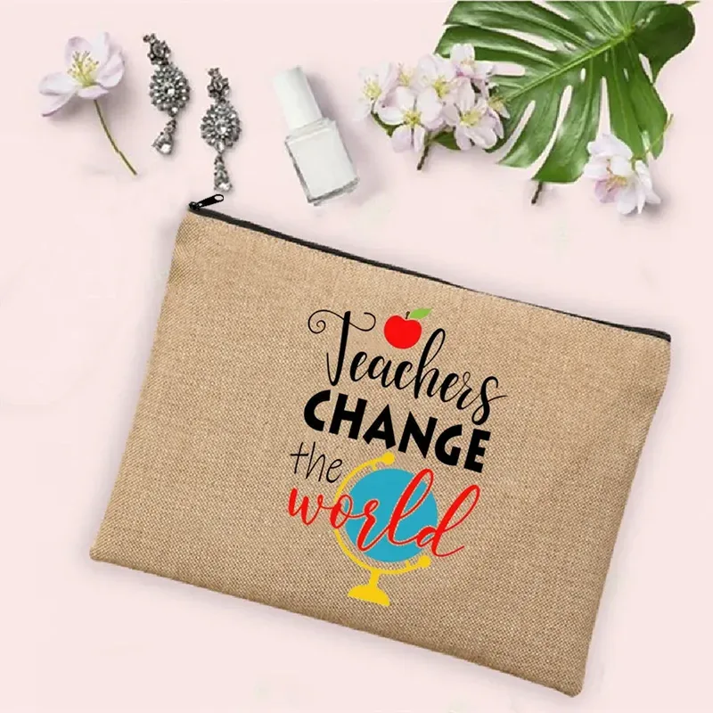 teacher change the world linen powder trousse de toilette de voyage pour femme, trousse de maquillage, cadeau de retour à l'école, sac à cosmétiques