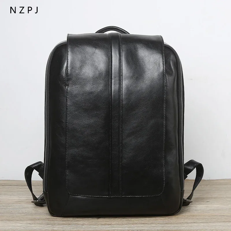 nzpj-sac à dos en cuir de vachette naturel pour homme, sac d'ordinateur décontracté, sac d'école rétro haute capacité, sac chimmen pour ordinateur portable 15.6"