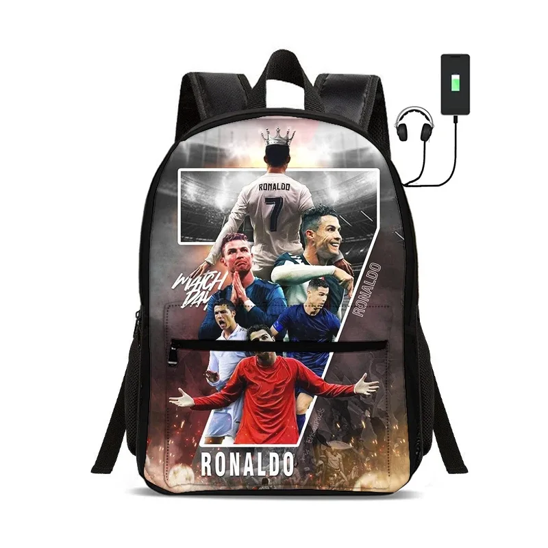 sac à dos de star du football avec interface usb, sac à dos ronaldo pour étudiants, sac à dos pour garçons et filles, meilleur cadeau