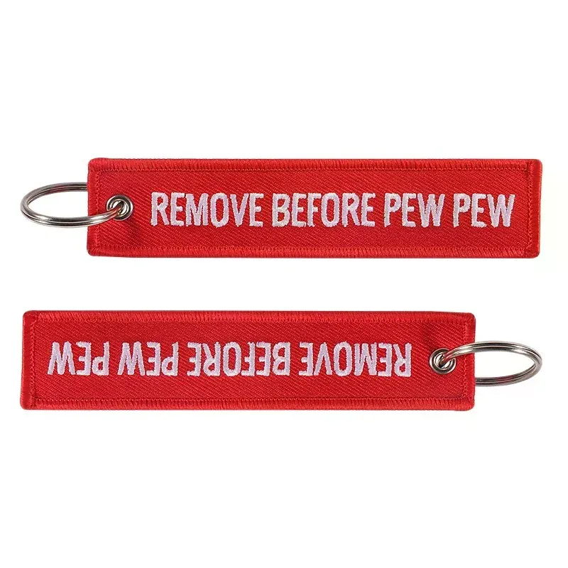 porte-clés remove before pew pew pour motos et voitures, porte-clés pour sac à dos, nouveaux porte-clés brodés