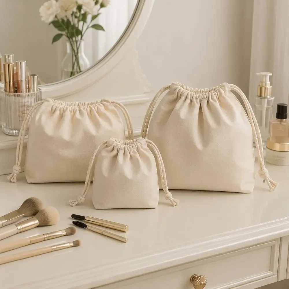 sacs cosmétiques portables en toile avec cordon de serrage, pochettes de maquillage souples réutilisables, sacs de rangement de voyage pour femmes