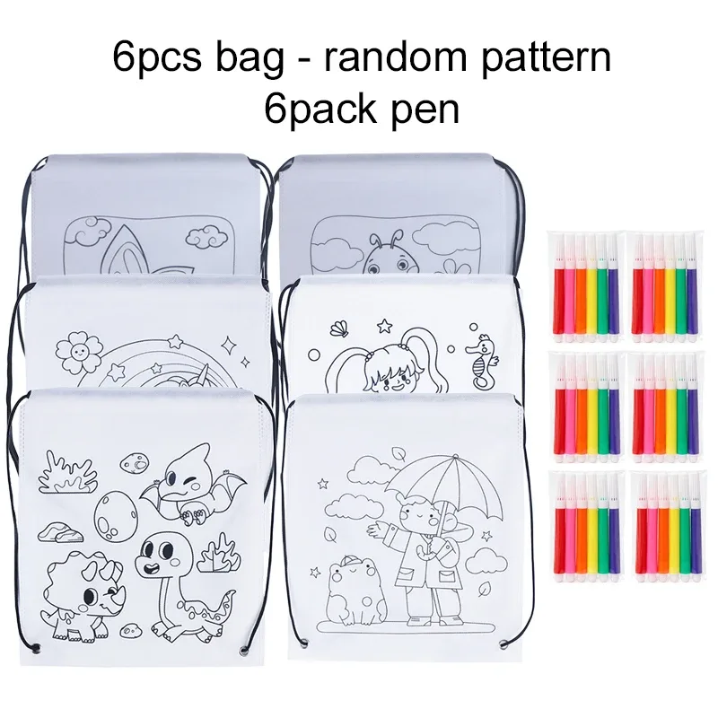 2 à 12 sacs à dos à cordon de serrage avec motifs à colorier, sacs de rangement non tissés pour étudiants, fournitures éducatives, sacs de rangement pour livres de tutoriels tmz