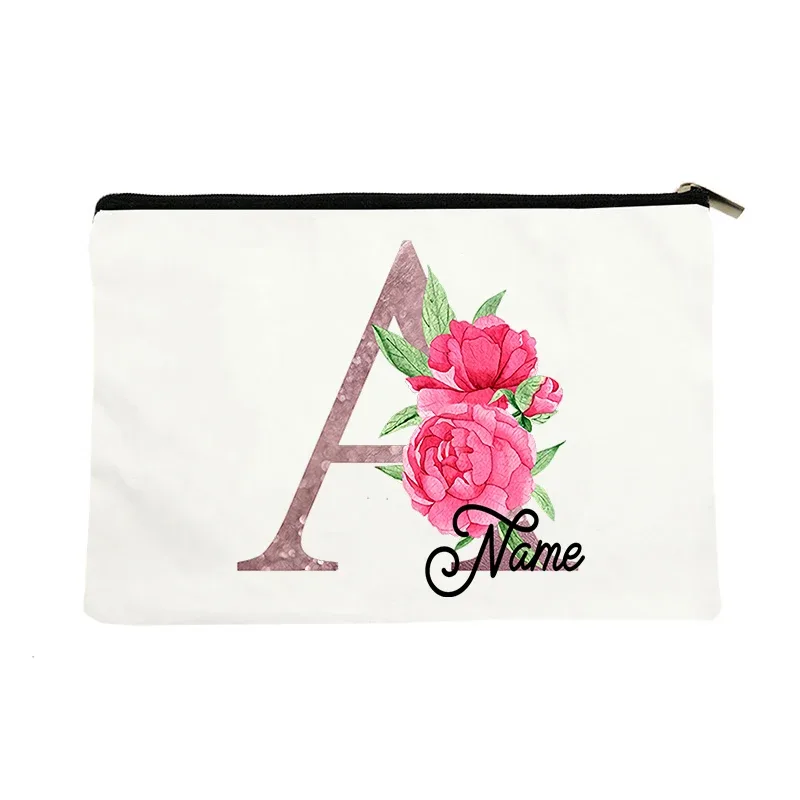 trousse de maquillage personnalisable avec prénom, cadeau de mariage, grande pochette en toile à fermeture éclair, motif floral pivoine, essentiels de voyage, maquillage