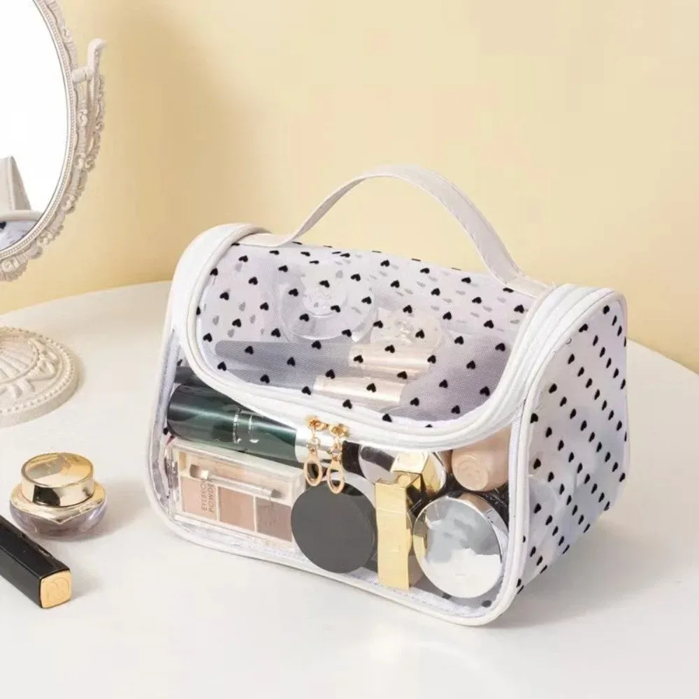 sac de maquillage portable grande capacité en maille, motif cœur, avec fermeture éclair, organiseur de toilette, sac de rangement transparent pour extérieur