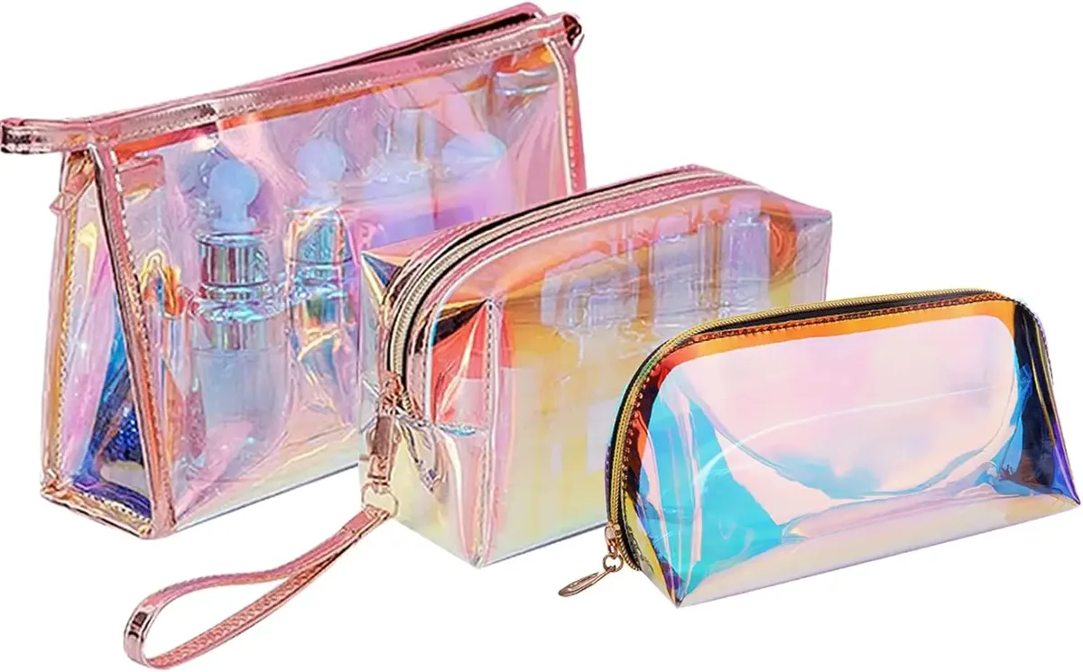 pochette de maquillage holographique, pochette de maquillage transparente en pvc, pochette cosmétique irisée, pochette cosmétique portable de voyage, sacs cosmétiques en tpu