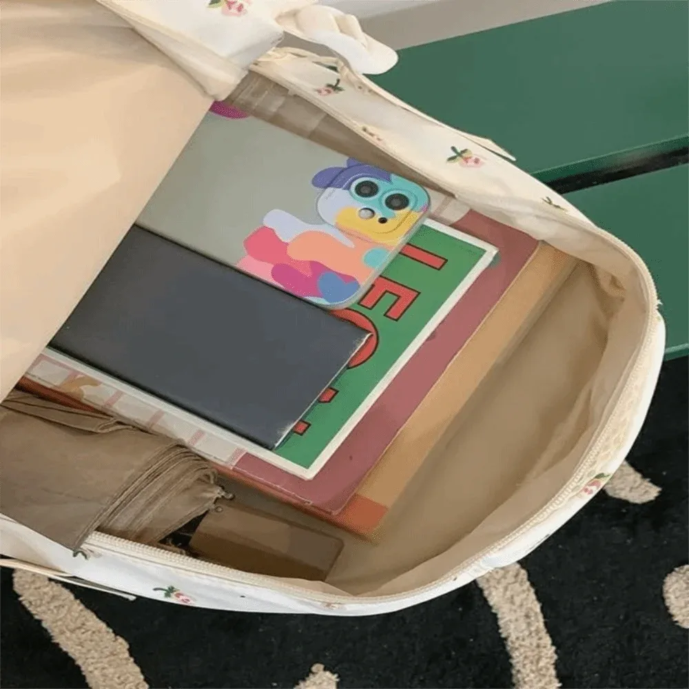 sac d'école en nylon pour étudiants, motif floral, style preppy, sac à dos pour femmes avec pendentif, grande capacité, sac à dos de voyage