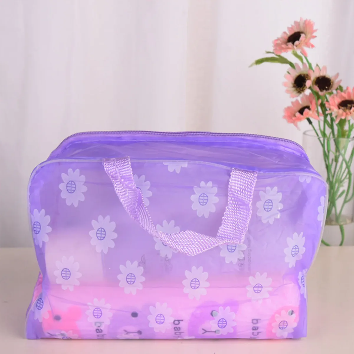 sac à cosmétiques transparent à fleurs imperméable, organisateur de toilette de voyage, pochette de rangement de maquillage en pvc avec poignée pour femmes 20x9x16cm