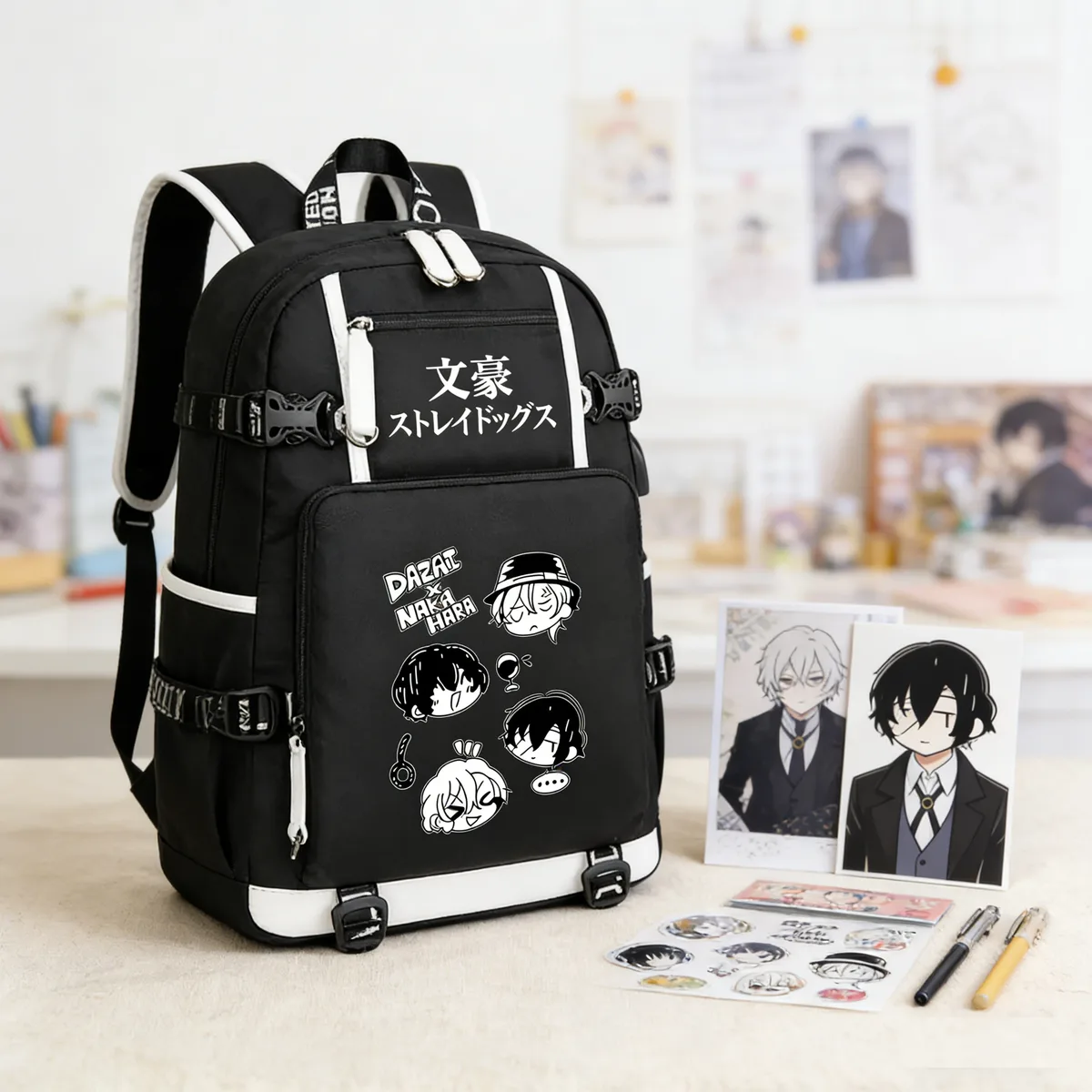 sac à dos de voyage bungo stray dogs oxford pour hommes, grands sacs d'école, cartable anime, chargement usb, sac à dos pour ordinateur portable, sacs initiés noirs